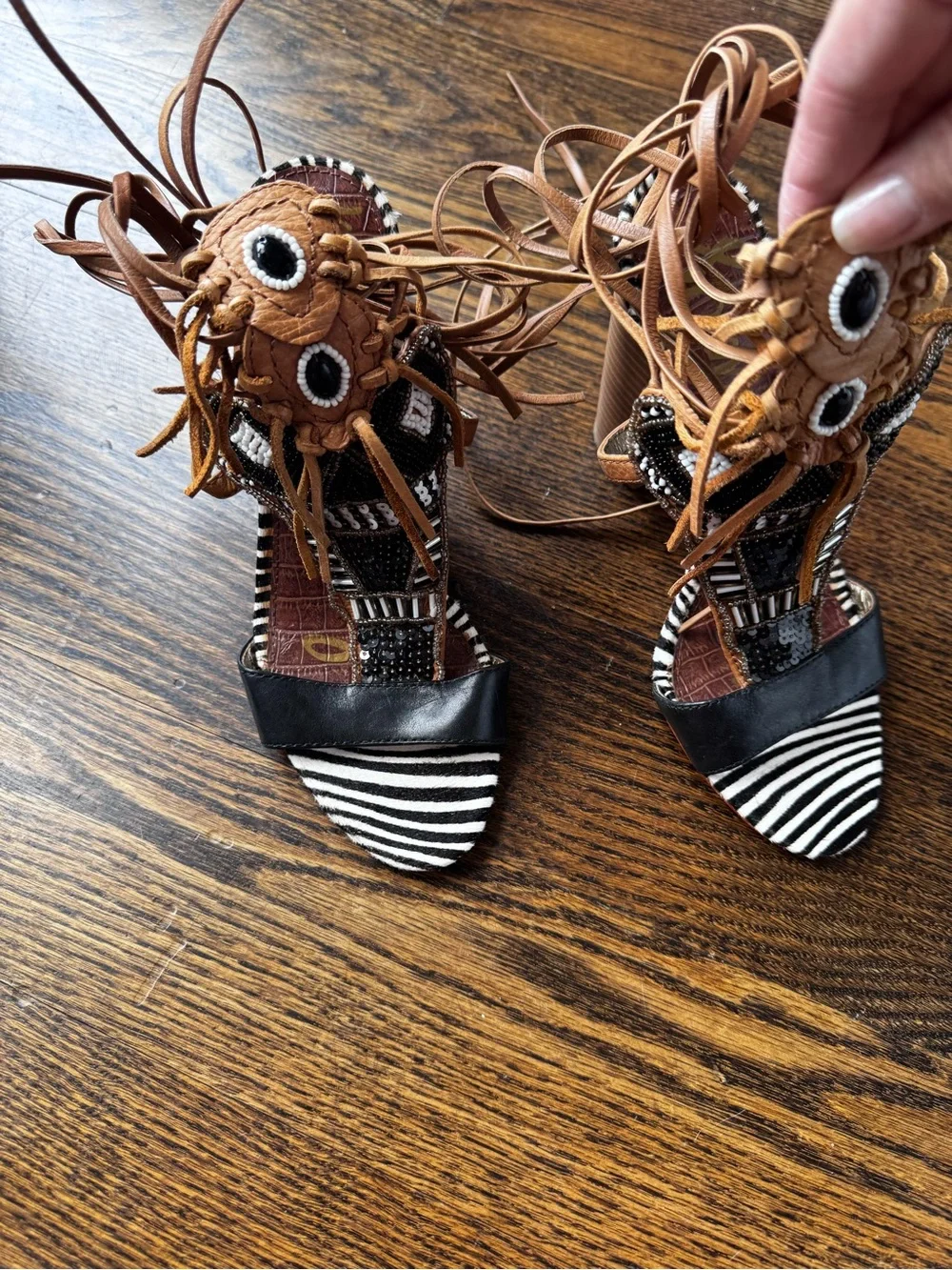 Sam Edelman Beaded Lace-Up Block Heel Sandal - Black, Tan, Zebra